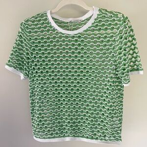 Zara Knit Crochet Green and White Short Sleeve Knit Tee